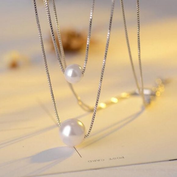 925 Sterling Silver Double Layer Pearl Necklace - Picture 3 of 8